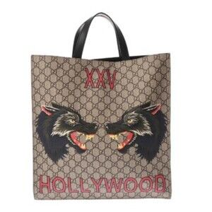 GUCCI GG Supreme 2-Way Tote Bag, Wolf Print, Beige, 450950, Women's, Canvas, ...